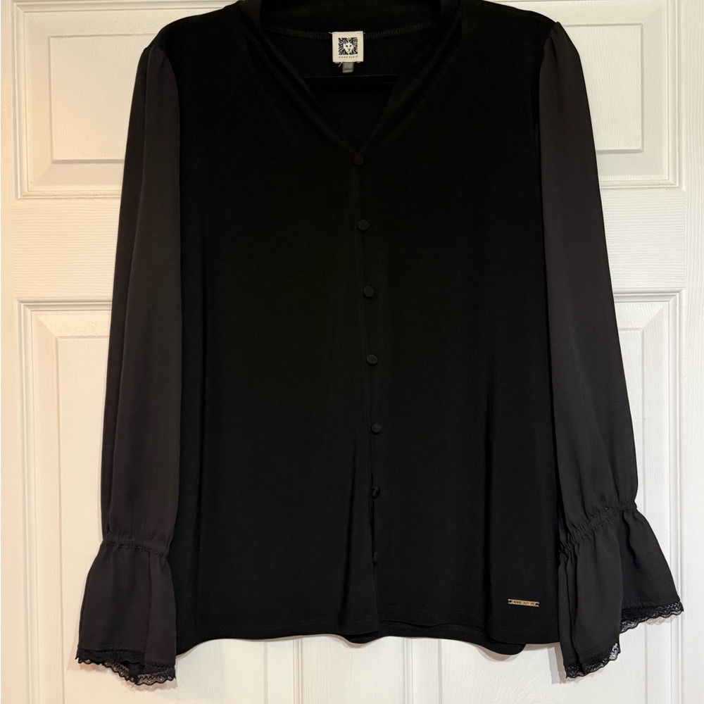 Anne Klein Black Button-Front Blouse with Lace-Trim Sleeves
